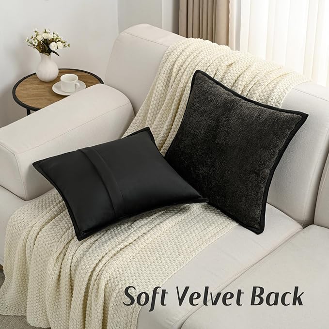 FUTEI Black Chenille Throw Pillow Covers 26x26 Inch Set of 2,Soft Cozy Bound Edge Design Euro Pillow Sham,Home Decor for Couch Bed Living Room