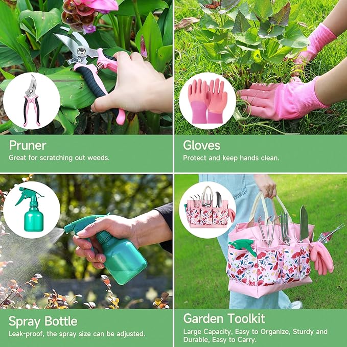 9-Piece Gardening Tools Set - Complete Gardening Kit with Heavy-Duty Stainless Hand Tools, Durable Storage Bag with Garden Accessories, Ideal Gardening Gifts for Women, Men, Gardeners - Pink