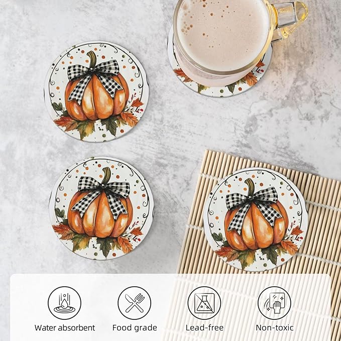 Autumn Bow Pumpkin Coasters for Drinks Fall Maple Leaves Absorbent Ceramic Coaster Set of 4 for Coffee Table Cup Bar Coasters with Cork Base Round Stone Mats Holiday New Home Decors