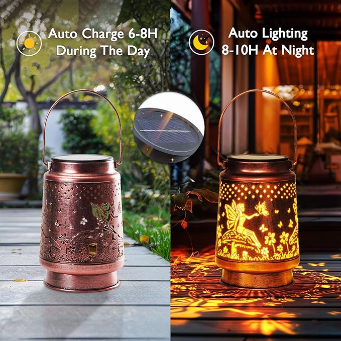 Homemory Solar Lanterns Fairy Lights Outdoor Waterproof Garden Decor Women Gifts for Birthday, LED Hanging Solar Lights Metal Lantern Decoration Outside for Yard, Patio, Backyard, Porch, Lawn