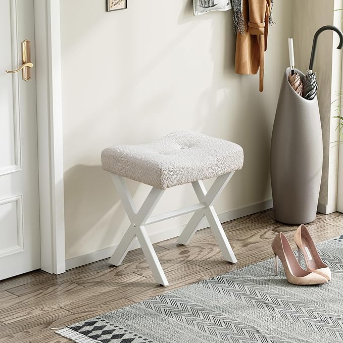 18-Inch Vanity Stool Chair, Vanity Bench with Metal X-Legs, Ottoman Accent Stool with Breathable and Soft Boucle Fabric Saddle Seat, White