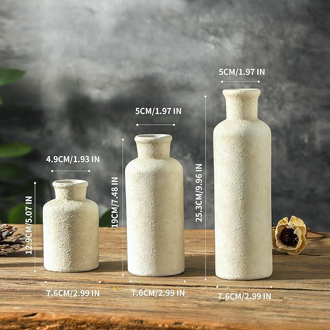 Ceramic Vases Set of 3, Whitewashed Neutral Flower Vases Home Decor, Pottery Rustic Farmhouse Decorative Vases Modern Decor for Table Mantel Entryway Bookshelf Living Room Kitchen Bedroom