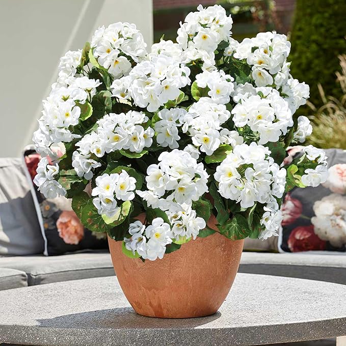 Artificial Geranium Fake Flowers for Outdoors Decoration, 6 Bundles Silk Geraniums White Flower UV Resistant Look Real Faux Plants for Front Door Garden Porch Planter Patio Balcony Yard Indoor Home
