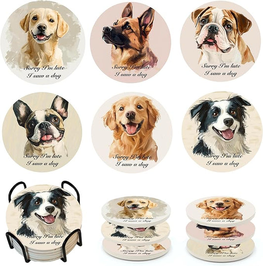 Absorbent Coasters Set of 6 with Holder - Cute Puppy Design Ceramic Coasters for Drinks, Home Decor & Coffee Bar Decor, Gifts for Dog Lovers Pet Owners Housewarming