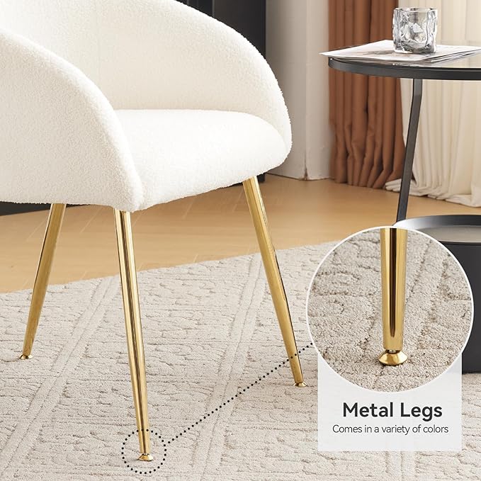Modern Small Accent Chair Set of 2, Comfy Sherpa Makeup Vanity Chair with Golden Metal Legs, Decorative Chair no Wheels for Living Room, Dressing Room, Bedroom, White