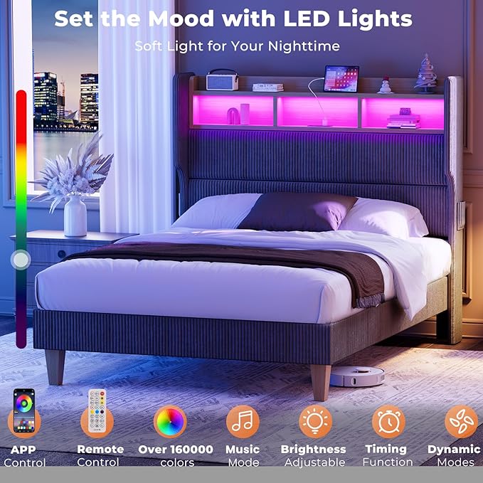 King Size Bed Frame with 51" Tall Corduroy Wingback Headboard and Storage Shelf, Upholstered Platform Bed with LED Lights & Charging Station, No Box Spring Needed, Easy Assembly, Grey