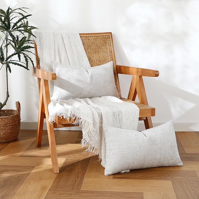 Stellhome Pack of 2 Woven Textured Decorative Throw Pillow Covers Soft Chenille Accent Luxury Cushion Cases for Living Room Couch Bed Sofa Farmhouse Boho Home, 12x20 inch, Light Grey