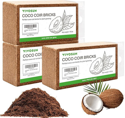 VIVOSUN Coco Coir Brick, 1.4lbs 100% Natural Organic Compressed Coconut Coir Fiber with Low EC, PH Balance & High Nutrition, Coconut Fiber Substrate, Coconut Soil for Plants, 3-Pack
