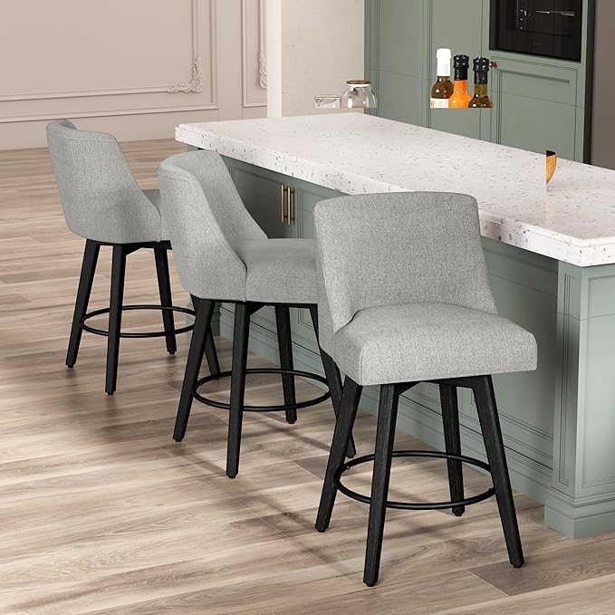 Counter Height Bar Stools Set of 4, Modern Swivel Barstools with Back and Wood Legs, Linen Fabric Upholstered Bar Chairs, 26" H Kitchen Counter Stools, Kitchen Island Home Bar, Light Grey