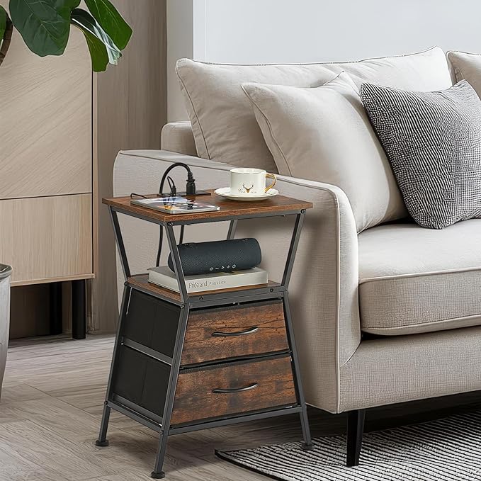 Nightstand with Charging Station, Side Tables for Bedroom with Built-in USB Side Table with 2 USB Ports and Outlets Nightstand with Cloth Drawer End Tables Living Room Sofa Couch