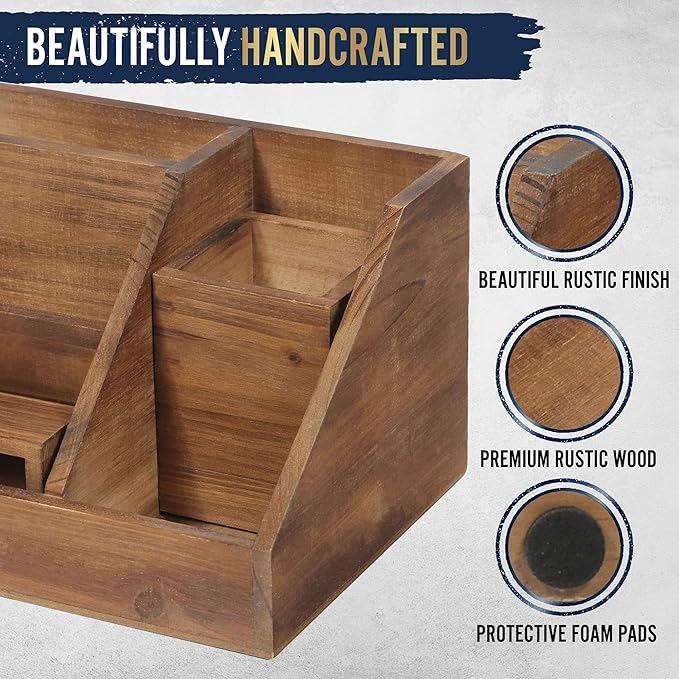 HBCY Creations 3 Piece Rustic Wooden Desk Organizer Set - Mail Organizer for Desktop - Great for Industrial Home Decor! Makeup Organizer for Vanity
