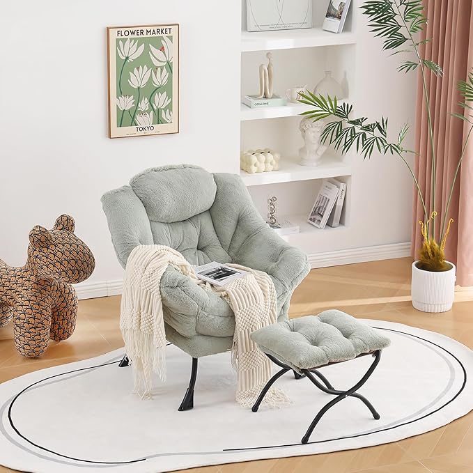 Welnow Lazy Chair with Ottoman, Modern Lounge Accent Chair with Armrests and a Side Pocket, Leisure Sofa Armchair, Reading Armchair with Footrest for Small Space, Plush Green