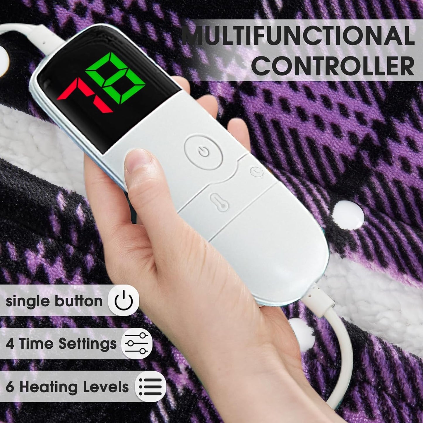 Heated Blanket Electric Full Size 72X84, Heating Throw with 10 Heating Levels & 8 Hours Auto Off, Checkered Plaid Sherpa Blanket Warmer for Adults, Fast Heat and Washable, ETL & FCC, in Purple