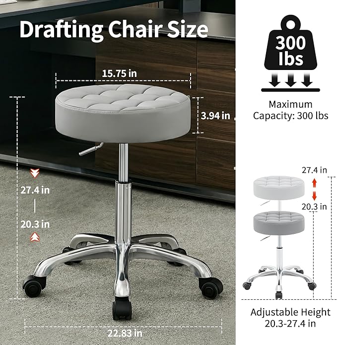 Office Stools with Quiet Wheels (300lbs Capacity) (Sturdy Aluminum Base) Multifunctional Nail Stool (Gray)