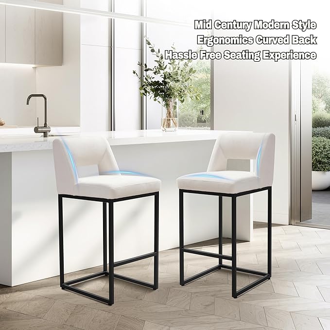 Black and White Counter Height Bar Stools Set of 6 for Kitchen Counter Modern Bar Chairs with Backs for Kitchen Island with Upholstered Fabric Seat and Metal Frame, 26 Inch