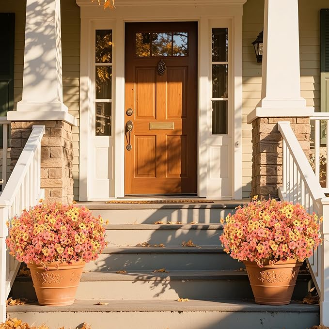 SHareconn 48 Bundles Artificial Fall Flowers for Outdoors Decoration, UV Resistant Silk Eucalyptus Lavender Faux Autumn Fake Plants for Outside Indoor Garden Yard Porch Home Decor, Autumn Orange-Red