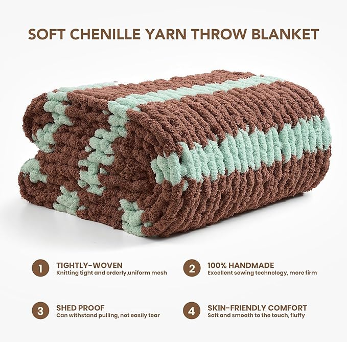 L'AGRATY Chunky Knit Blanket Throw: 50''x60'' Chenille Chunky Knitted Throw Blankets for Bed Couch - Handmade Thick Cable Knit Blanket - Large Crochet Rope Blankets for Home Decor