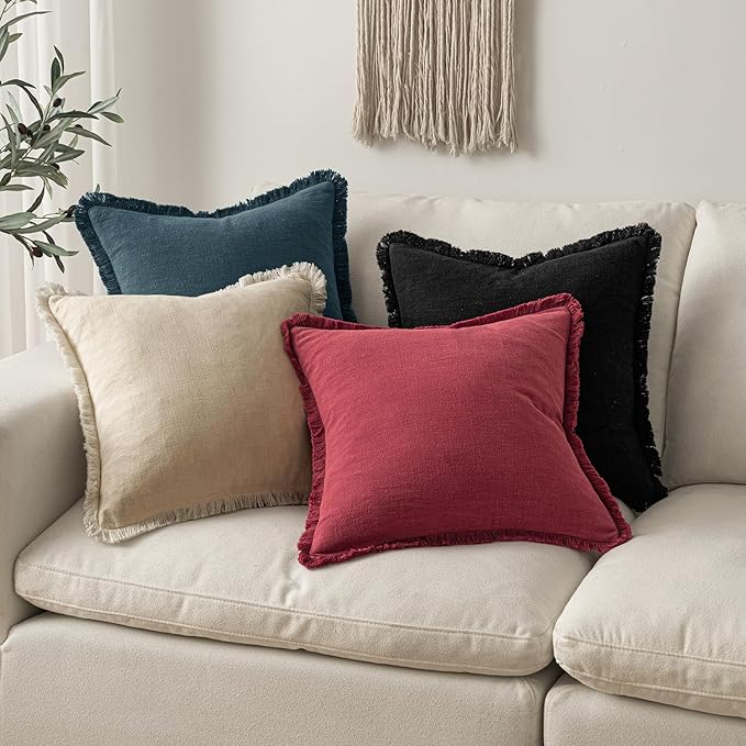 MIULEE Christmas Decorative Throw Pillow Covers Neutral Linen Fringe Throw Pillows Set of 2 Burgundy Boho Farmhouse Cushion Covers with Tassels for Couch Sofa Bed Living Room Home Decor 18x18 Inch