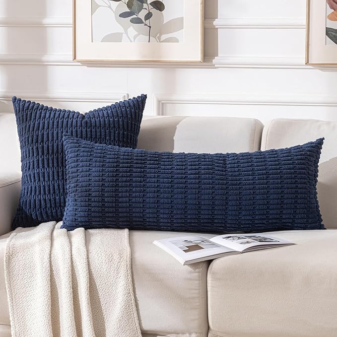 Fancy Homi 2 Packs Navy Blue Long Body Lumbar Decorative Throw Pillow Covers 14x36 Inch for Bed Couch Bedroom Bench, Soft Corduroy Rectangle Solid Pillow Case, Rustic Farmhouse Boho Room Decor