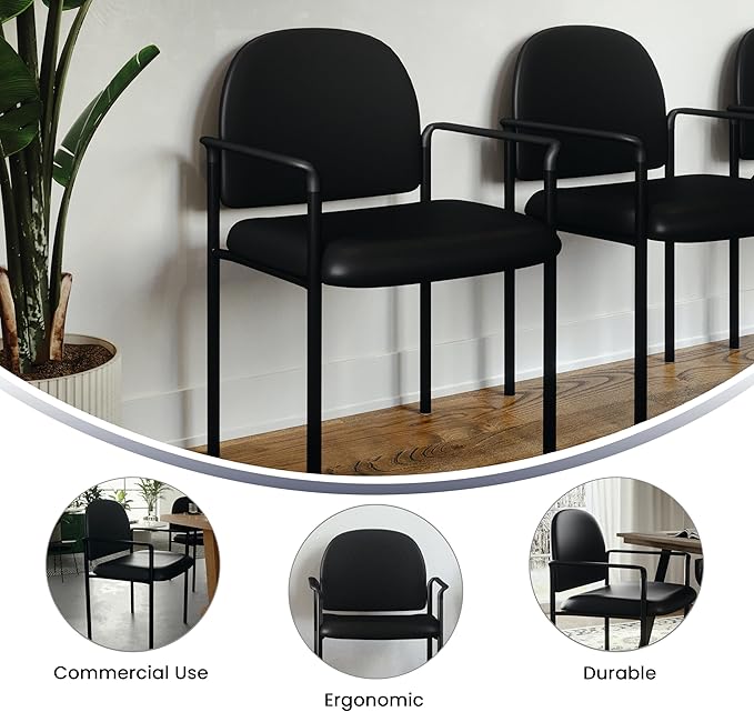 Flash Furniture Tiffany Side Reception Chair with Padded Armrests, Stackable Vinyl Waiting Room Chair for Commercial or Residential Use, Black