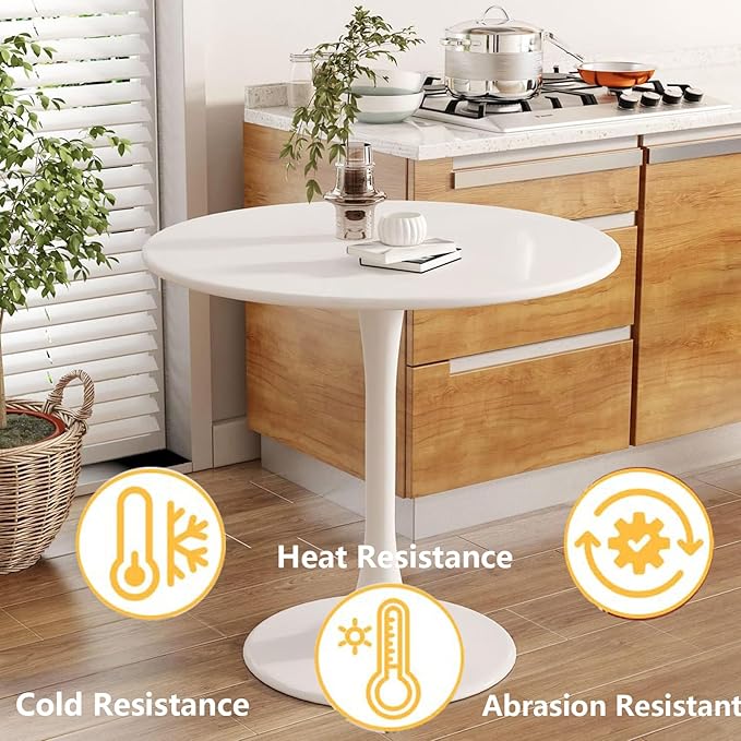 Round White Dining Table, 31.5" Tulip Table, Round Dining Table with Pedestal Base, White Dining Table for 1-4 Person, Mid-Century Leisure Table for Kitchen, Living Room, Restaurant, Cafe