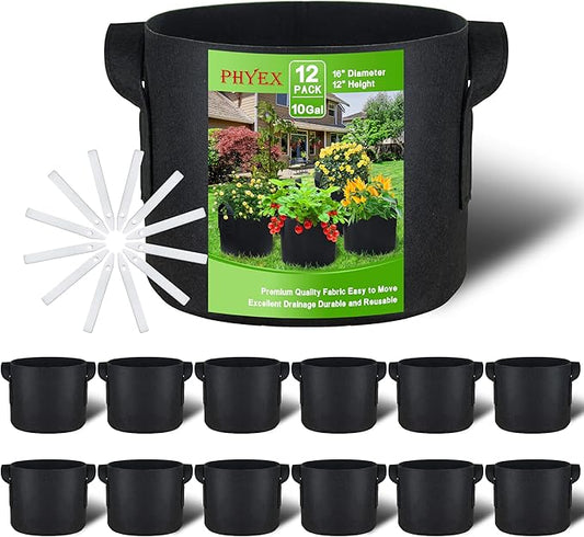 PHYEX 12-Pack 10 Gallon Grow Bags, Heavy Duty Fabric Pots with Handles, Reusable Plant Bags for Vegetable, Herbs & Flowers, BPA-Free, Breathable, Durable