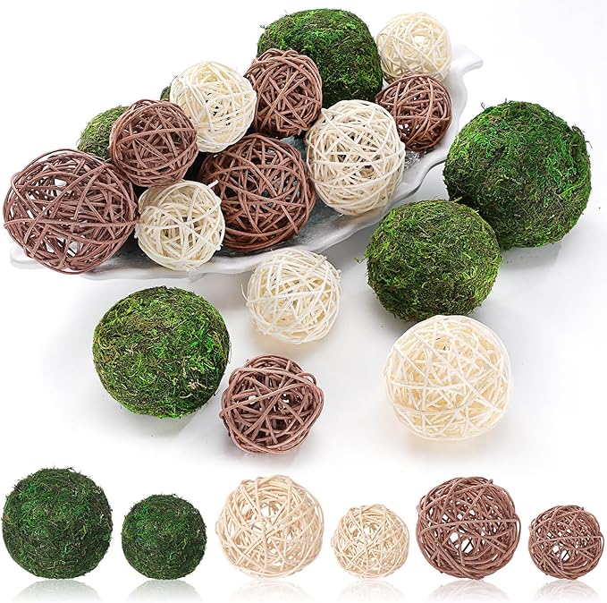 Jetec 18 Pcs Decorative Balls for Centerpiece Bowls Green Moss Balls Wicker Rattan Cord Decorative Bowl Fillers for Garden Vase Home Party Table Spring Easter Farmhouse Rustic Decor(Large Size)