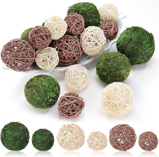 Jetec 18 Pcs Decorative Balls for Centerpiece Bowls Green Moss Balls Wicker Rattan Cord Decorative Bowl Fillers for Garden Vase Home Party Table Spring Easter Farmhouse Rustic Decor(Large Size)