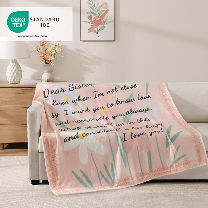 Geniospin Throw Blanket Gifts for Sister, Dear Sister Blanket for Birthday Presents, Super Soft Flannel Throw Blanket for Christmas for Couch Bed Sofa, Warm and Cozy