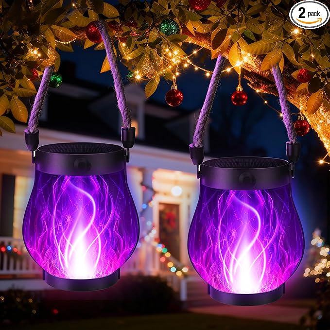 Christmas Solar Flame Lantern Hanging Outdoor Waterproof Purple - 2 Pack Flame Lanterns with Dual Charging Modes of Solar & USB for Garden or Yard Decorations (Purple - 2 Pack)