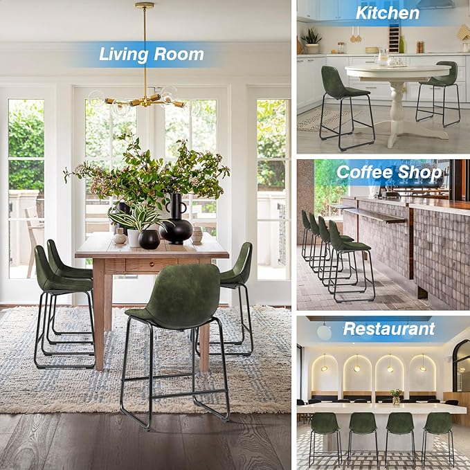 Rfiver Pu Faux Leather Bar Stools Set of 4, Industrial Pub Barstools with Back and Footrest, Modern Armless Bar Height Stool Chairs (Green, 24" Counter Chair x4)