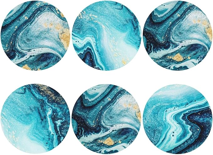 Ocean Gold Blue Marble Coasters Set of 6 Coasters for Drinks Absorbent Double-Sided Leather PVC Coaster for Tabletop Protection Coffee Table Decor Ideal for Home Decor House Warming Gifts