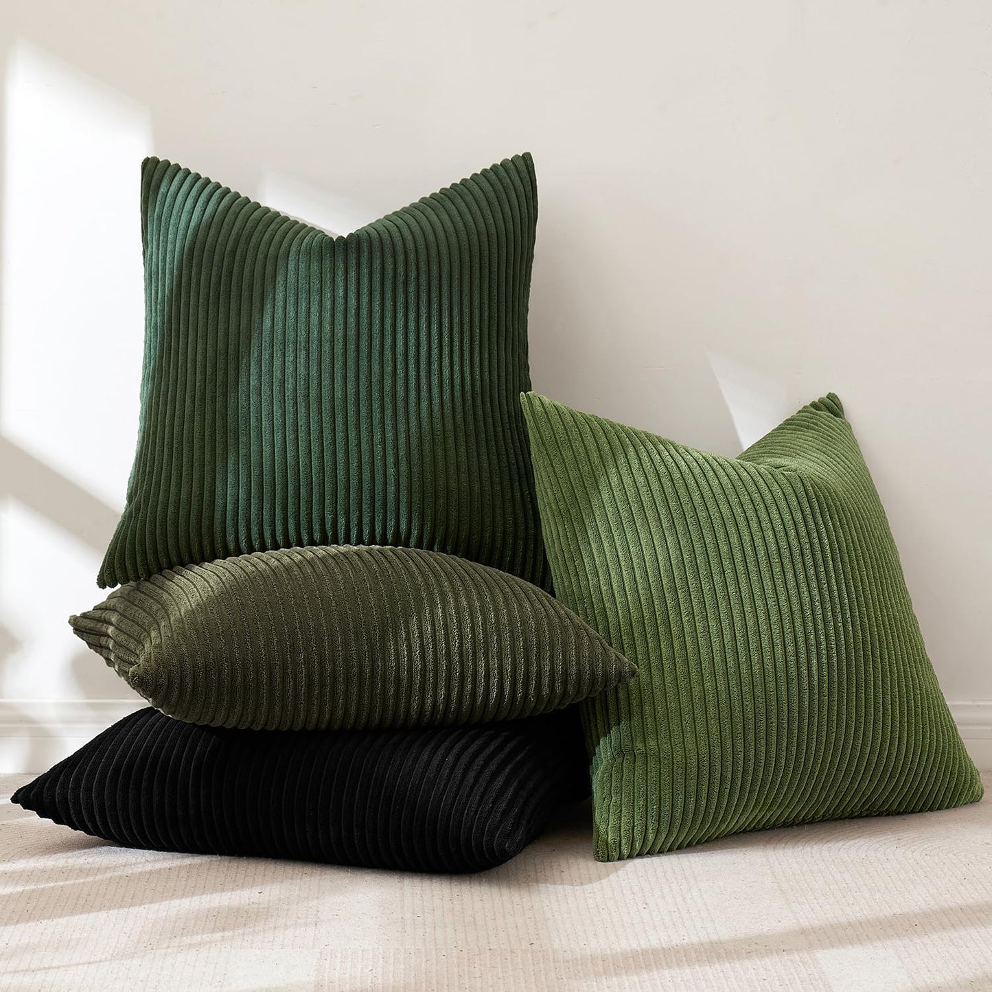 MIULEE Boho Farmhouse Throw Pillow Covers 18x18 Inch Set of 4 Mordern Neutral Green Cushion Covers Soft Corduroy Nordic Home Decor for Spring Couch Bed Sofa Living Room Green-Black