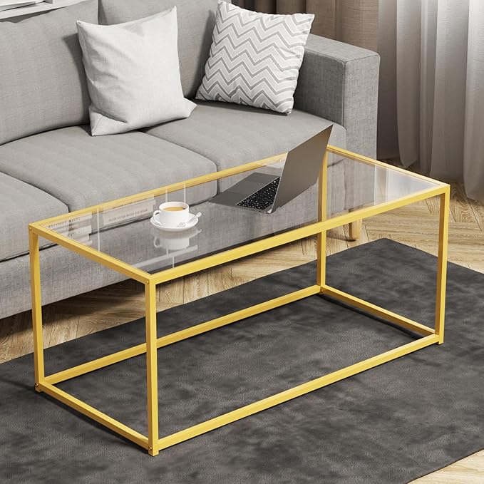 Glass Coffee Table for Living Room, Morden Center Table for Small Space,Simple Tea Cocktail Coffee Table with Clear Glass Top & Metal Frame, Easy Assembly,Gold
