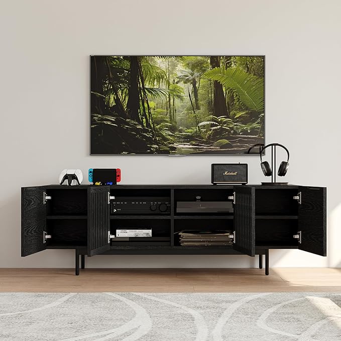 POVISON Full Assembled Mid-Century Modern TV Stand with Slatted Doors, Wood Media Console for 65 Inch TV, TV Console with Tall-cast Metal Legs, Entertainment Center with Storage for Living Room
