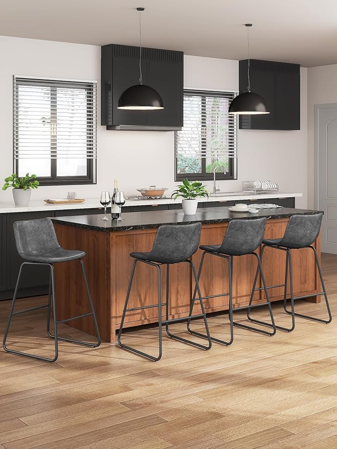 Bar Stools Set of 4, 26 Inches Counter Height Barstools with Back, Modern Faux Leather Bar Stool with Metal Legs and Footrest, Bar Chairs for Kitchens Island (Gray)