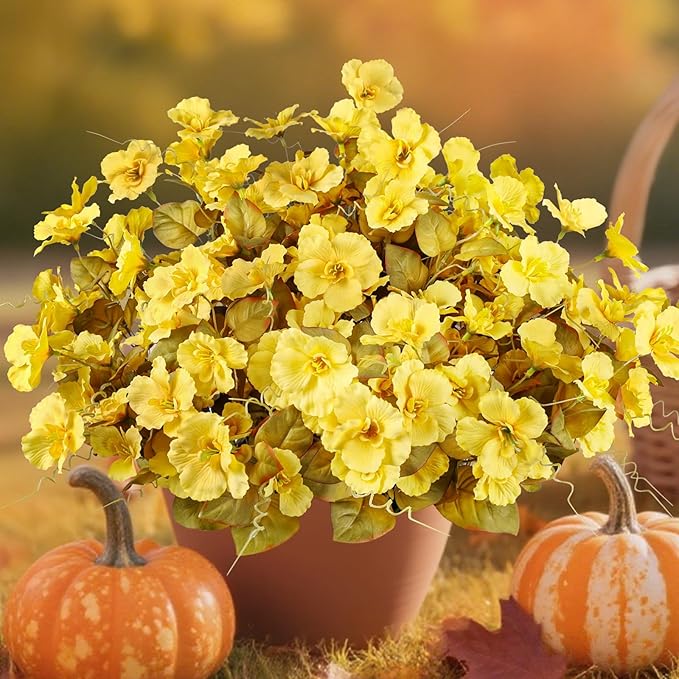 INSPRING Fake Fall Flowers Artificial Mums for Outdoors Autumn Decoration, Faux Silk Flowers Plants Realistic UV Resistant Tropical Flower Artificial for Outside Planter Patio (FYellow, 6 Bundles)