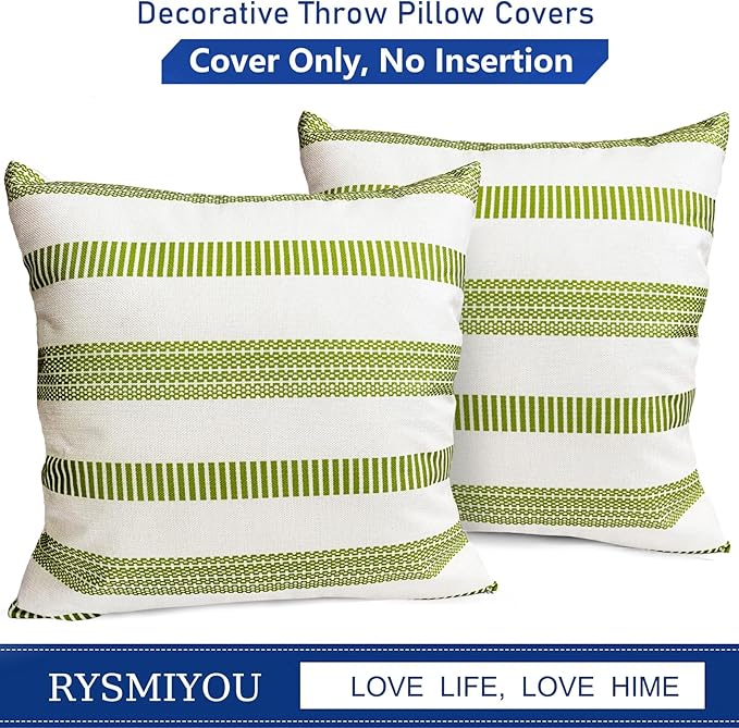 Decorative Throw Pillow Covers Set of 2 Grass Green Boho Striped Pillow Covers 18x18 Inch Throw Pillow Cover Linen Pillowcase Farmhouse Outdoor Pillow Covers for Couch Sofa Living Room