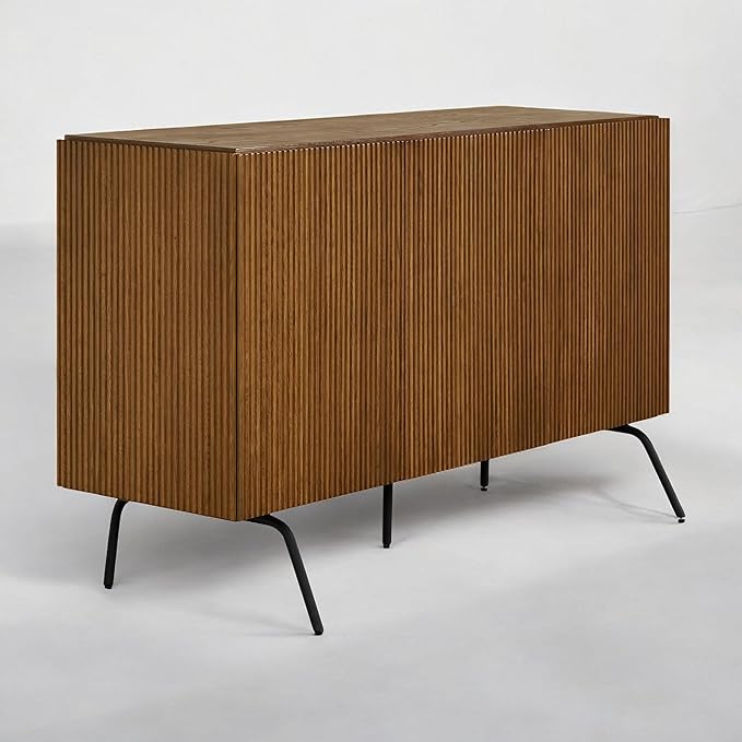 NTC Veil Modern Sideboard with 3 Doors, Buffet Cabinet with Vertical Groove Design and Metal Legs, Storage Cabinet for Living Room, and Hallway, Effortless Assembly - Rustic Oak
