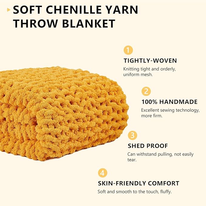 L'AGRATY Chunky Knit Throw Blanket - 40x50: 100% Hand-Knitted Chenile Crochet Blanket For Home Decor (Mustard Yellow)