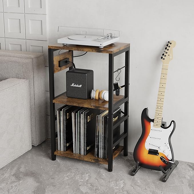 End Table with LED Light,Record Player Stand with Charging Station,Vinyl Records Storage,Turntable Stand Albums Storage for Music Room Studio-Modern Brown