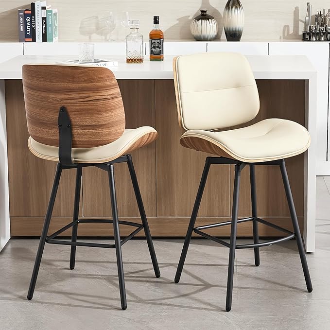 Mid Century Modern Counter Stools Set of 2, 27" Swivel Bar Stools with Metal Legs, Faux Leather Upholstered Bar Chairs with Footrest for Kitchen Island & Dining Tables, Beige