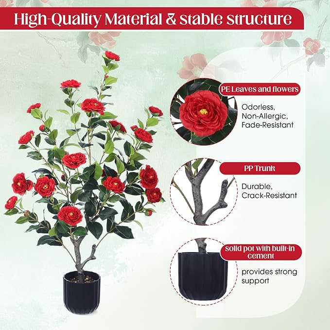 Jexine 2 Pack 36" Artificial Tree with Camellia, Fake Tree with 24 Blooming Flowers, Flower Plants Tree Faux Floral Plant Tree in Cement Pot for Indoor Outdoor Office Home Porch Decor (Red, 36")
