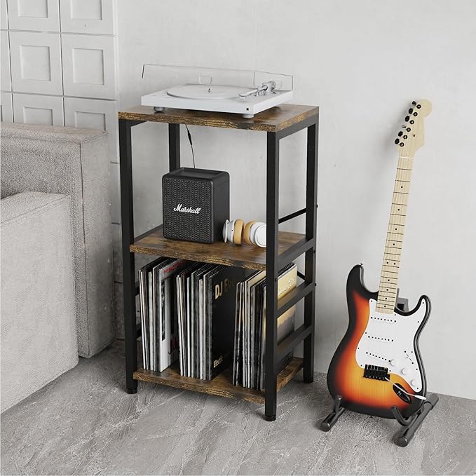 End Table with LED Light,Record Player Stand with Albums Storage,Vinyl Records Storage,Turntable Stand Side Table for Music Room Studio Living Room Bedroom-Retro