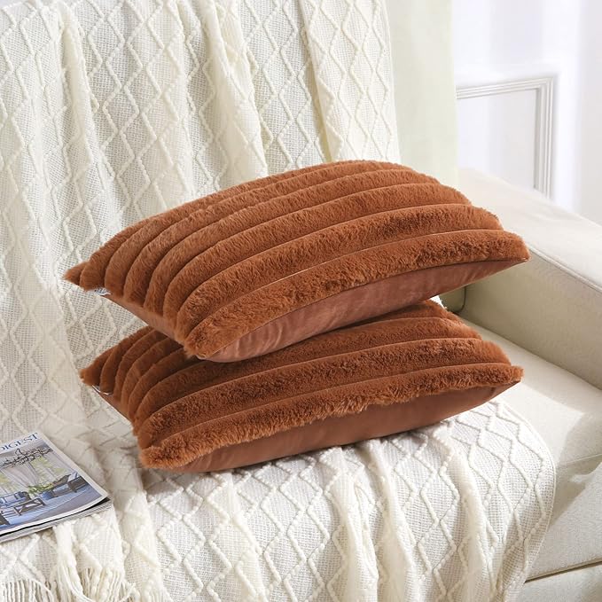 FUTEI Brown Striped Decorative Throw Pillow Covers 12x20 Inch Set of 2,Rectangle Fall Decorations Couch Lumbar Pillowcase,Soft Cozy Faux Rabbit Fur & Velvet Back,Modern Home Decor for Bed