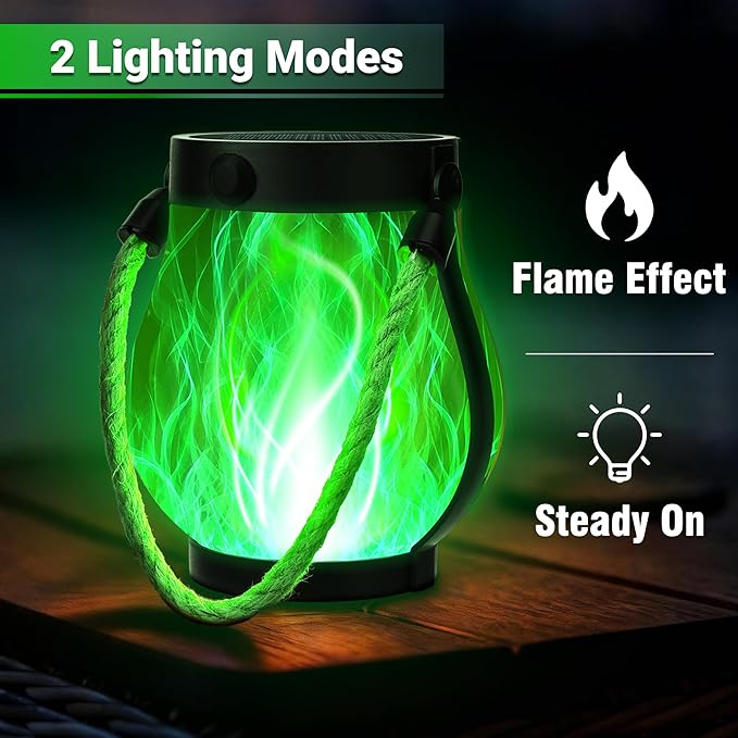 Christmas Solar Flame Lantern Hanging Outdoor Waterproof Purple - 2 Pack Flame Lanterns with Dual Charging Modes of Solar & USB for Garden or Yard Decorations (Green - 2 Pack)