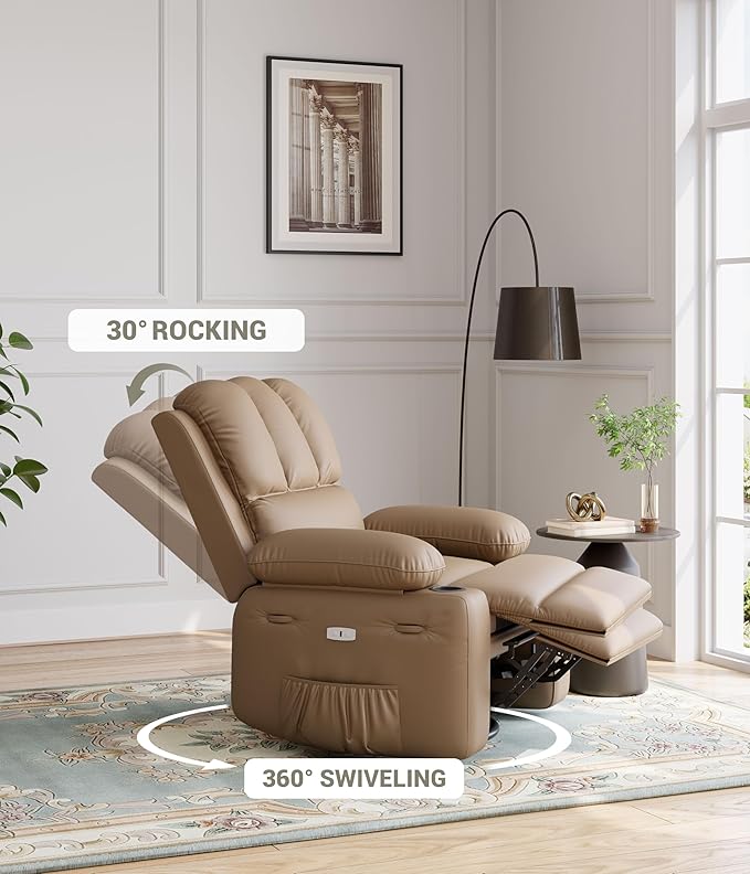 27" Oversized Power Recliner Chair, Faux Leather Rocking Chair with Heat & Massage, 360° Swivel Modern Electric Recliner with Cup Holder ＆ USB Charging for Living Room, Bedroom, Nursery - Khaki