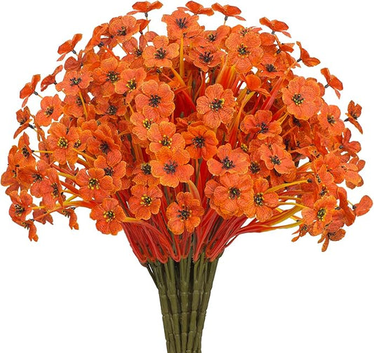 Outdoor Artificial Flowers 21 UV Resistant Bundles Fake Flower Plastic Plants Faux Silk Flowers Porch Hanging Garden Porch Window Box Decorating (Deep Autumn Orange)