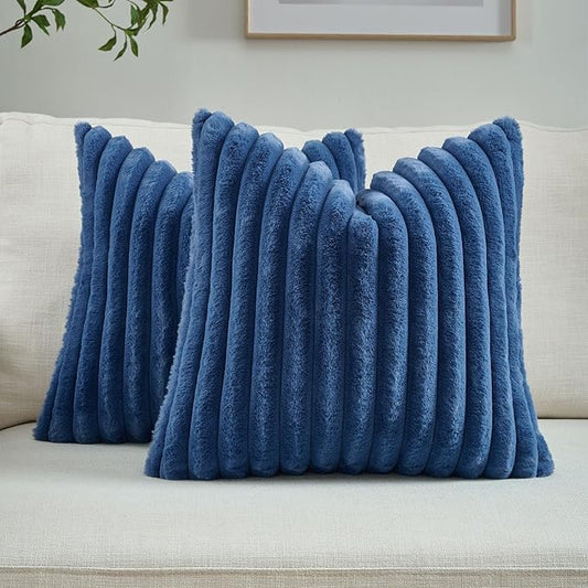 FUTEI Navy Blue Striped Decorative Throw Pillow Covers 26x26 Inch Set of 2,Square Fall Decorations Couch Euro Pillow Shams,Soft Cozy Faux Rabbit Fur & Velvet Back,Modern Home Decor for Bed