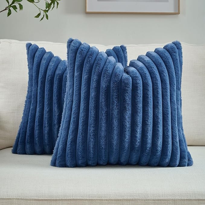 FUTEI Navy Blue Striped Decorative Throw Pillow Covers 16x16 Inch Set of 2,Square Fall Decorations Couch Pillow Case,Soft Cozy Faux Rabbit Fur & Velvet Back,Modern Home Decor for Bed